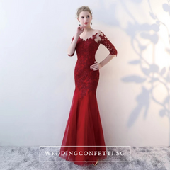 The Rorenza Red / Wine Red Long Illusion Sleeves Gown