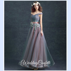 The Regalia Tulle Lace Off Shoulder Blue Gown