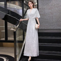 The Rayna Silver Sequined Draped Sleeves Gown (Available in 2 colours)