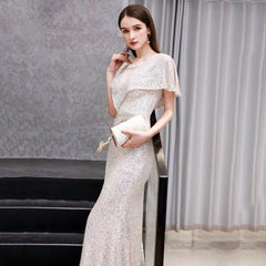 The Reysel Short Sleeves Sequined Sliver Gown