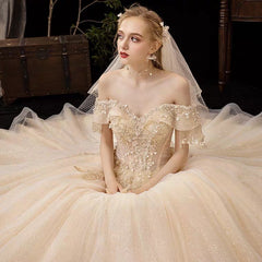 The Serenity Wedding Bridal Off Shoulder Glitter Champagne Gown