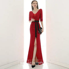 The Lavinia Long Sleeves Red Sequined Gown