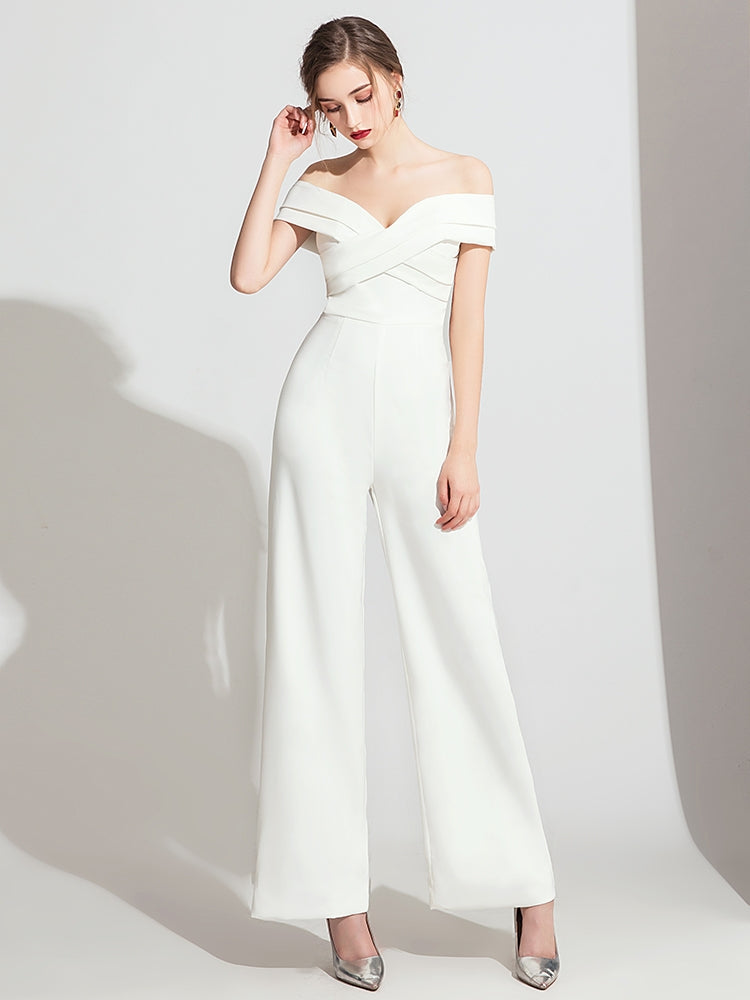 The Terri Off White/Black Off Shoulder Jumpsuit
