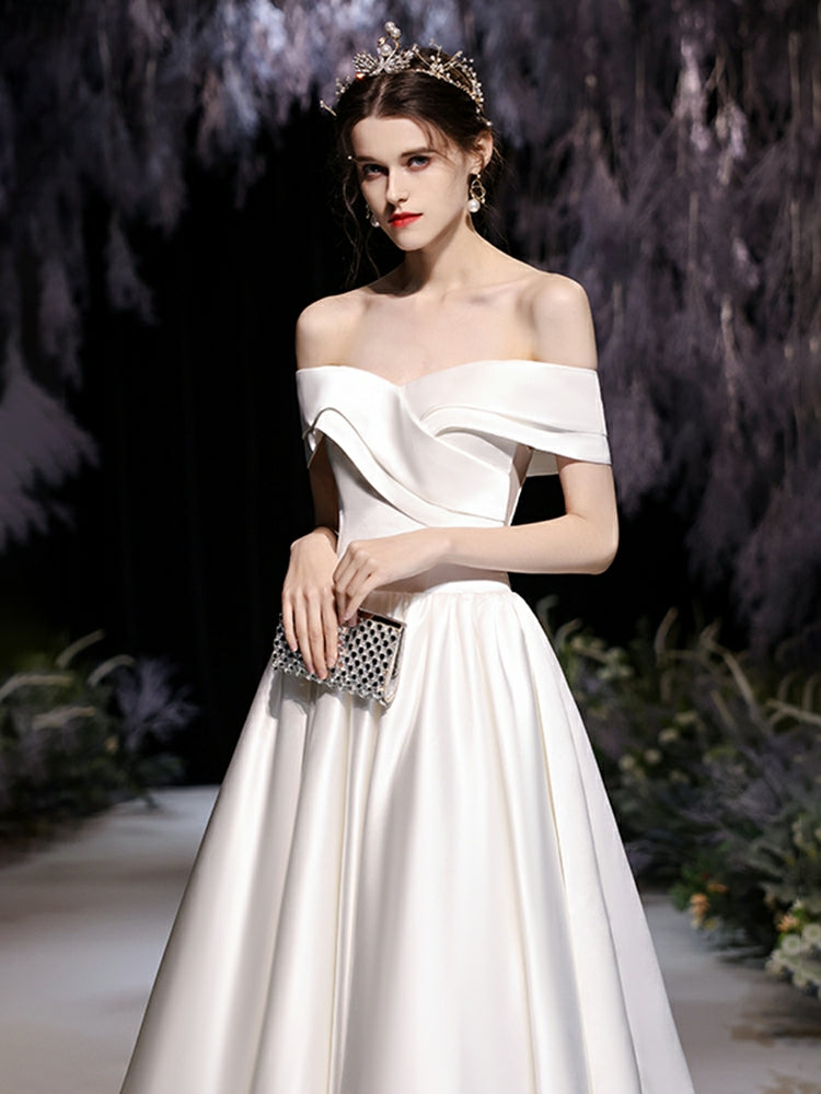 The Orlean Wedding Bridal Off Shoulder Satin Gown
