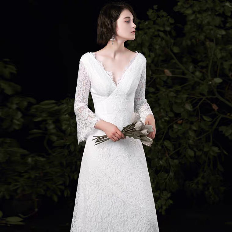 The Ophelia Wedding Bridal Trumpet Sleeves Lace Gown