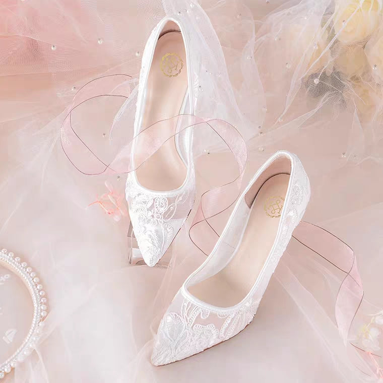 The Leila Wedding Lace White Heels