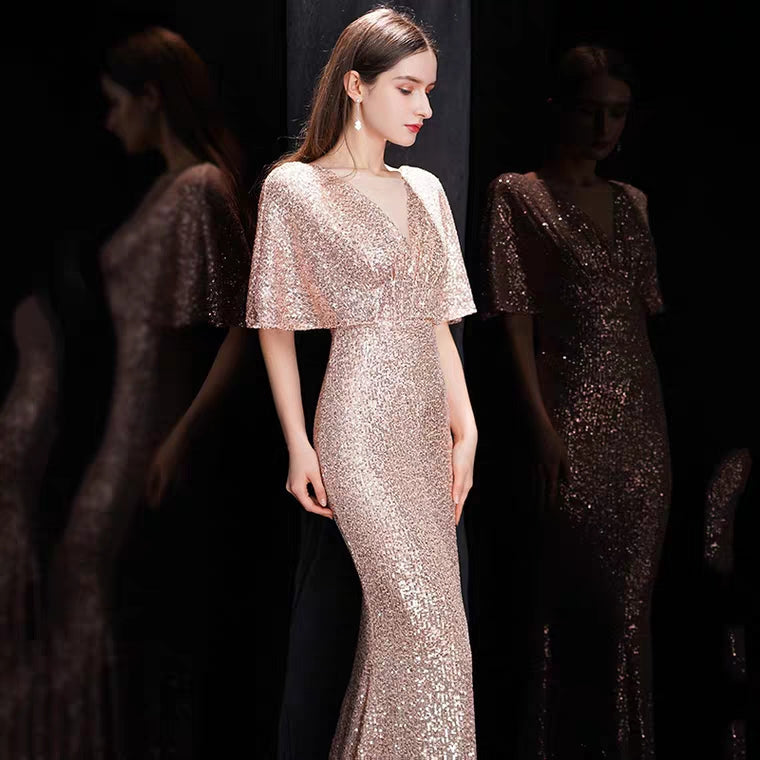 The Rayna Gold Sequined Draped Sleeves Gown (Available in 2 colours)