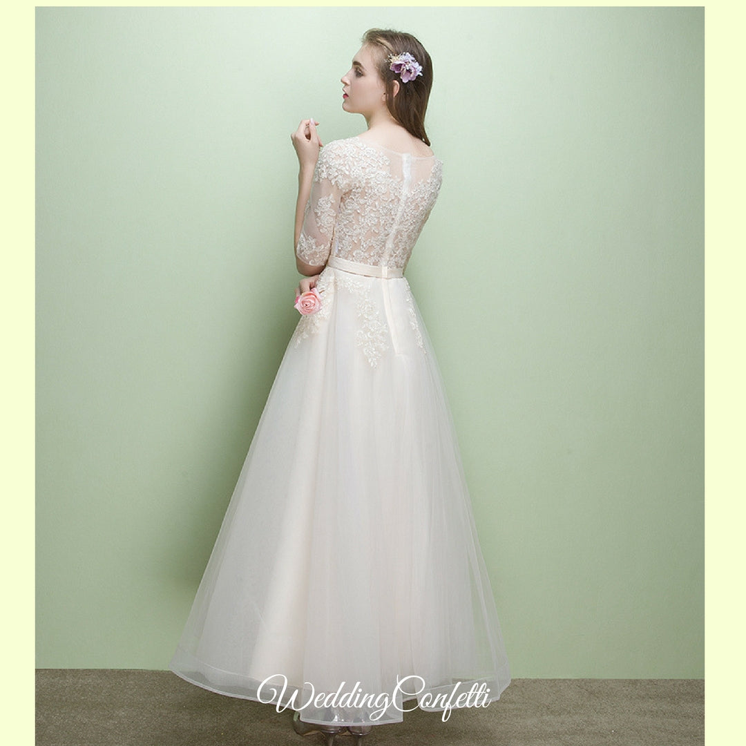 The Leanne Champagne Long Sleeves Lace Tulle Dress