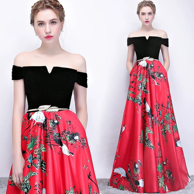 The Reianie Black & Yellow /  Red Off Shoulder Gown