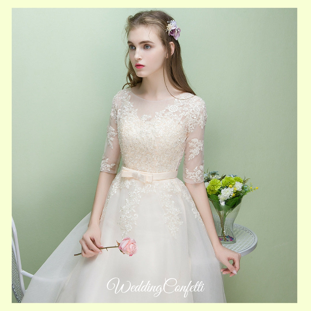 The Leanne Champagne Long Sleeves Lace Tulle Dress