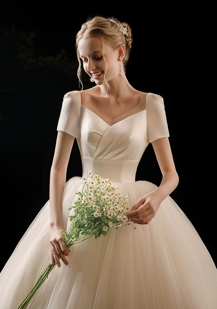 The Carlesque Wedding Bridal Short Sleeves Satin Gown