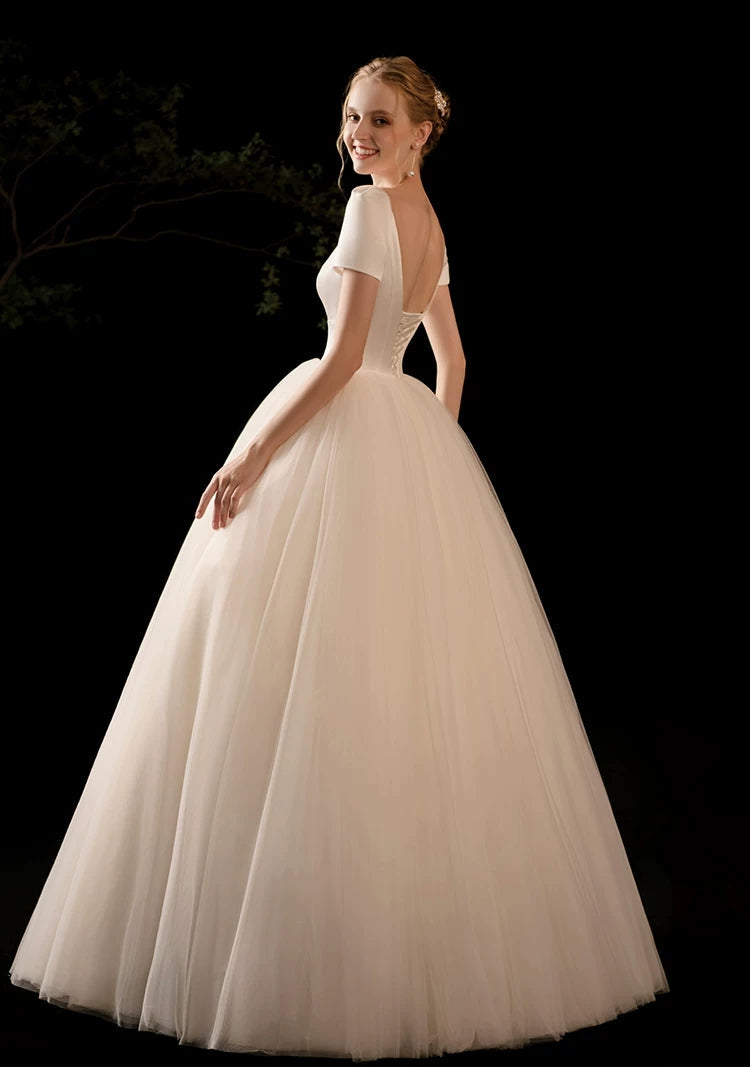 The Carlesque Wedding Bridal Short Sleeves Satin Gown