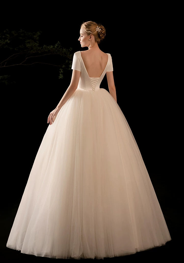 The Carlesque Wedding Bridal Short Sleeves Satin Gown