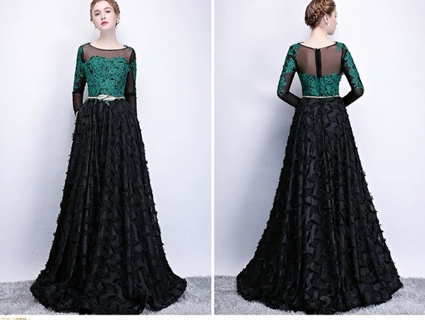 The Kistina Floral Lace Black and Green Illusion Long Sleeves Gown
