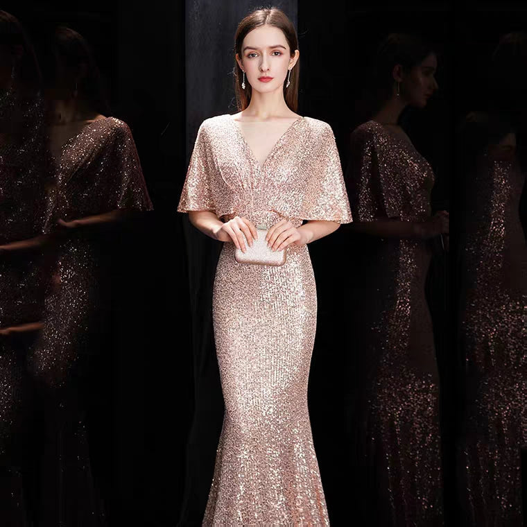 The Rayna Gold Sequined Draped Sleeves Gown (Available in 2 colours)