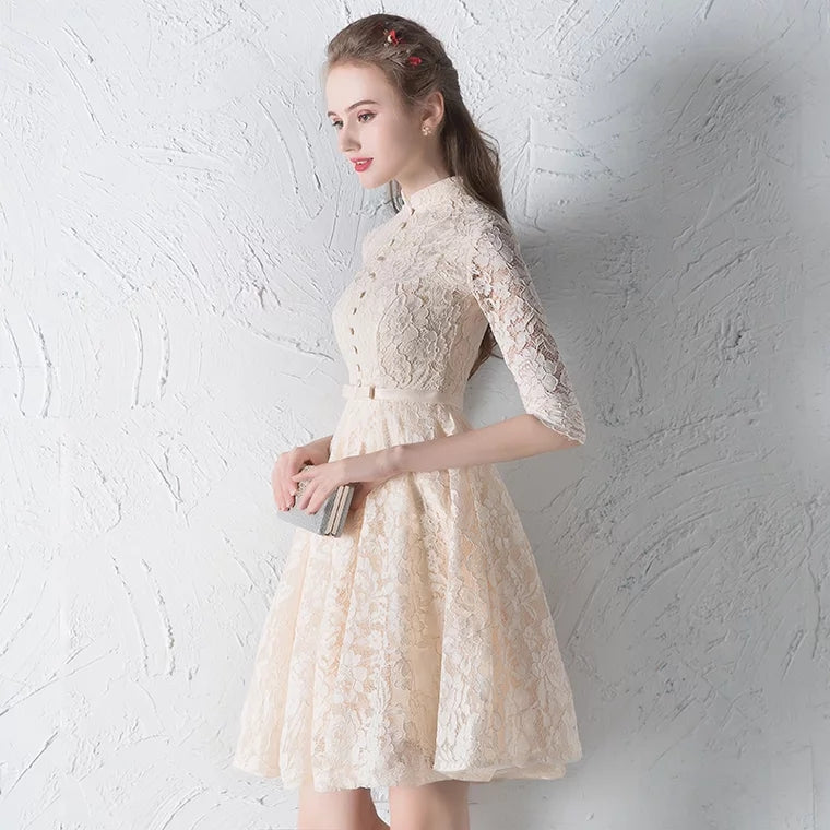 The Penelope Mandarin Collar Cheongsam Champagne Short Dress