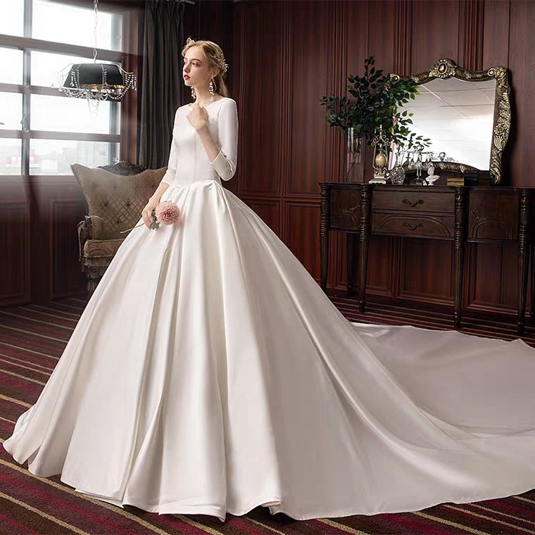 The Pristine Wedding Bridal Satin Long Sleeves Gown