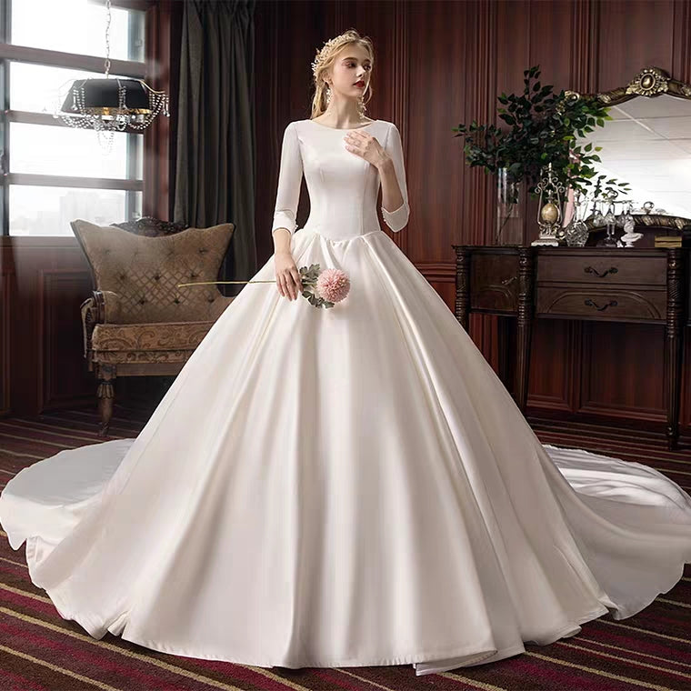 The Pristine Wedding Bridal Satin Long Sleeves Gown