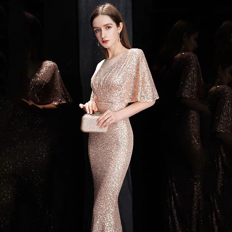 The Rayna Gold Sequined Draped Sleeves Gown (Available in 2 colours)