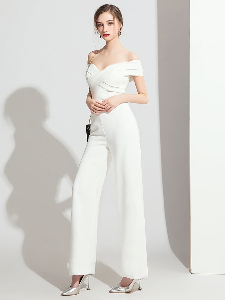 The Terri Off White/Black Off Shoulder Jumpsuit