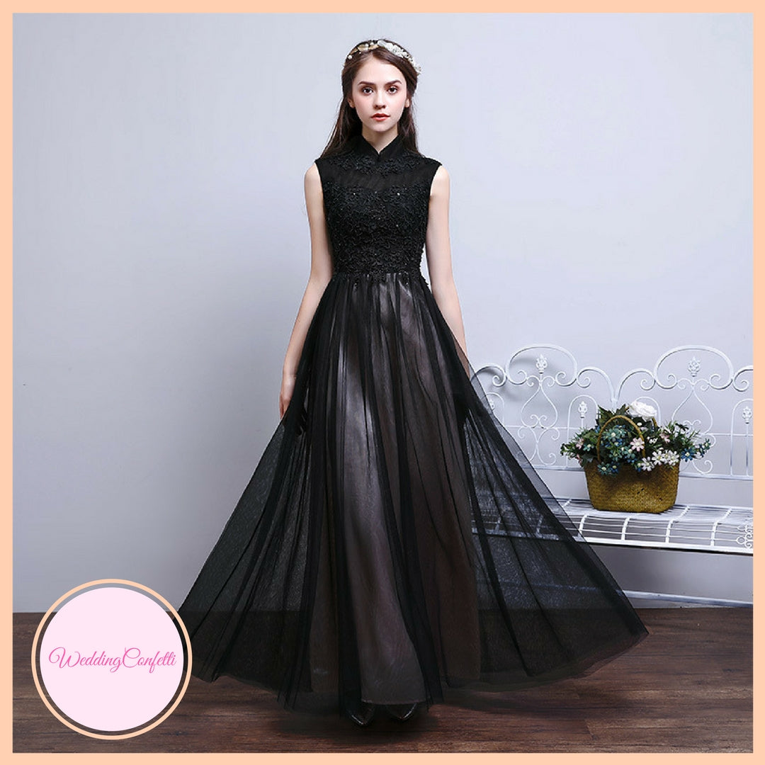 The Rosemary Mandarin Collar Cheongsam Ombre Black Lace Gown