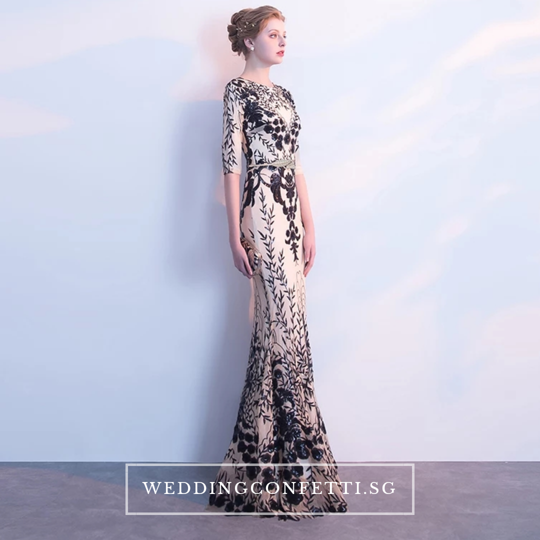 The Jhoviani Champagne/Black Long Sleeves Gown