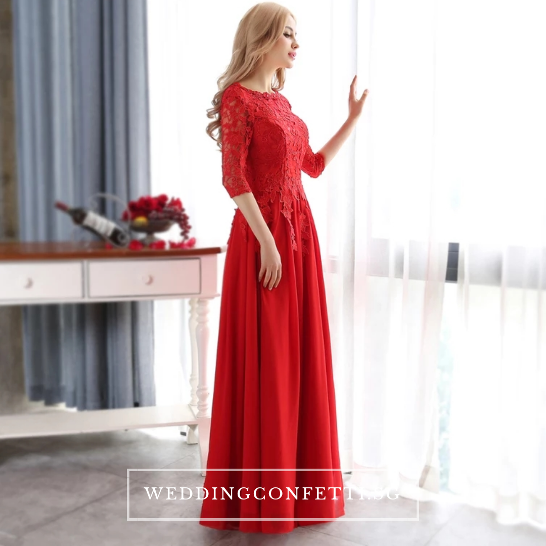The Sophiella Long Illusion Sleeves Pink / Red Gown