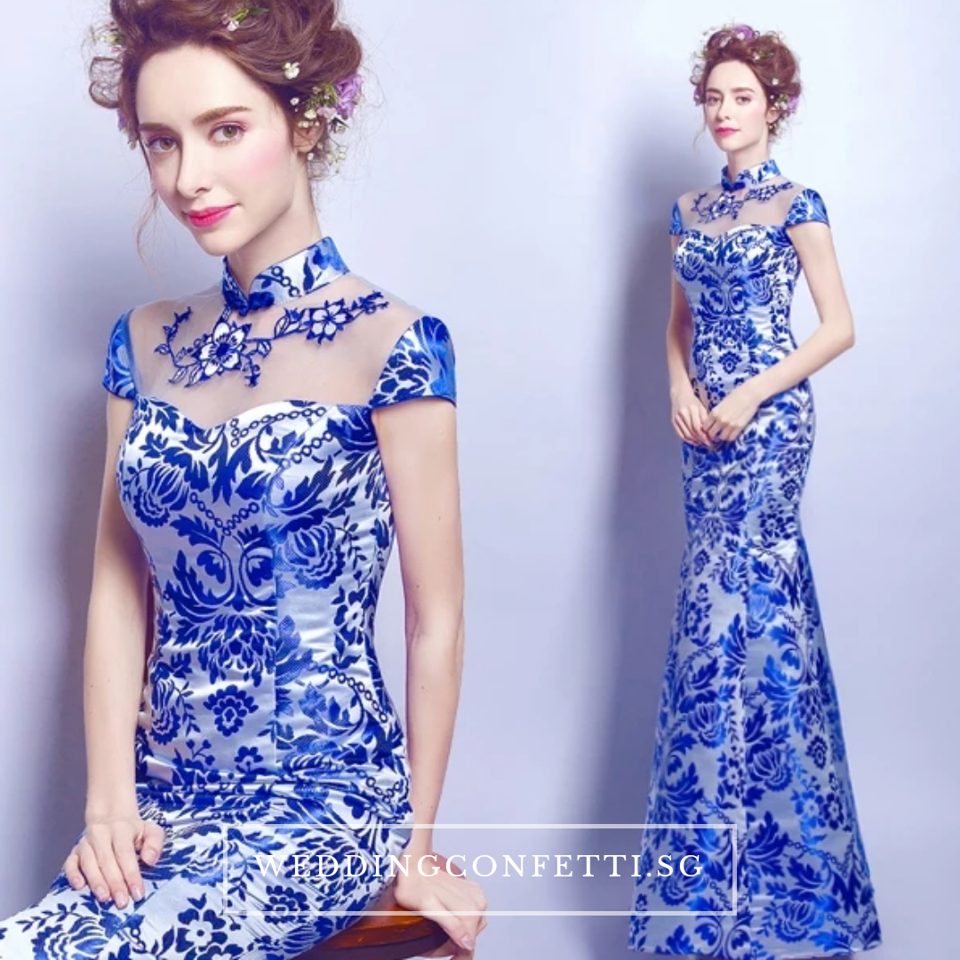 The Oriana Blue White Mandarin Collar Cheongsam Dress