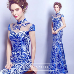 The Oriana Blue White Mandarin Collar Cheongsam Dress