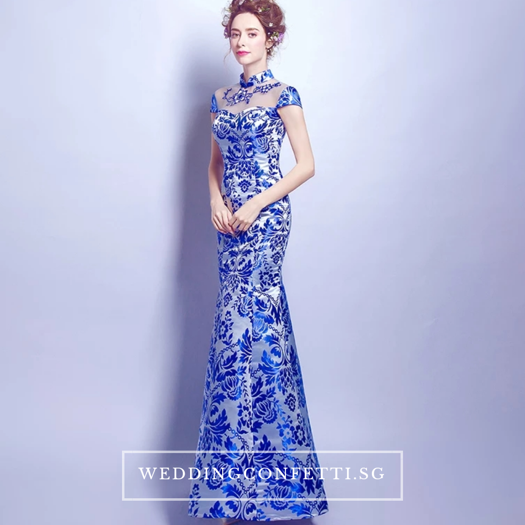 The Oriana Blue White Mandarin Collar Cheongsam Dress