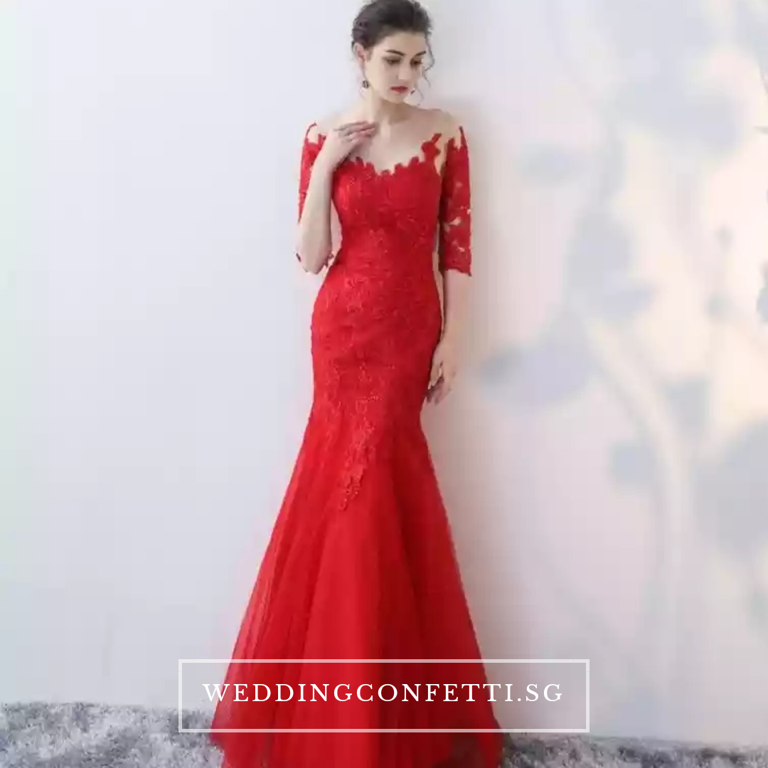 The Rorenza Red / Wine Red Long Illusion Sleeves Gown
