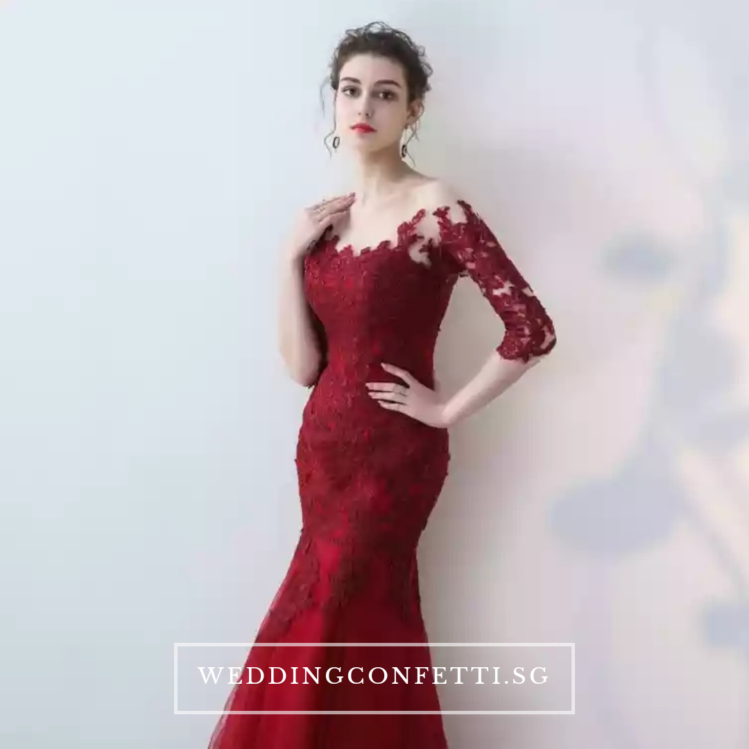 The Rorenza Red / Wine Red Long Illusion Sleeves Gown