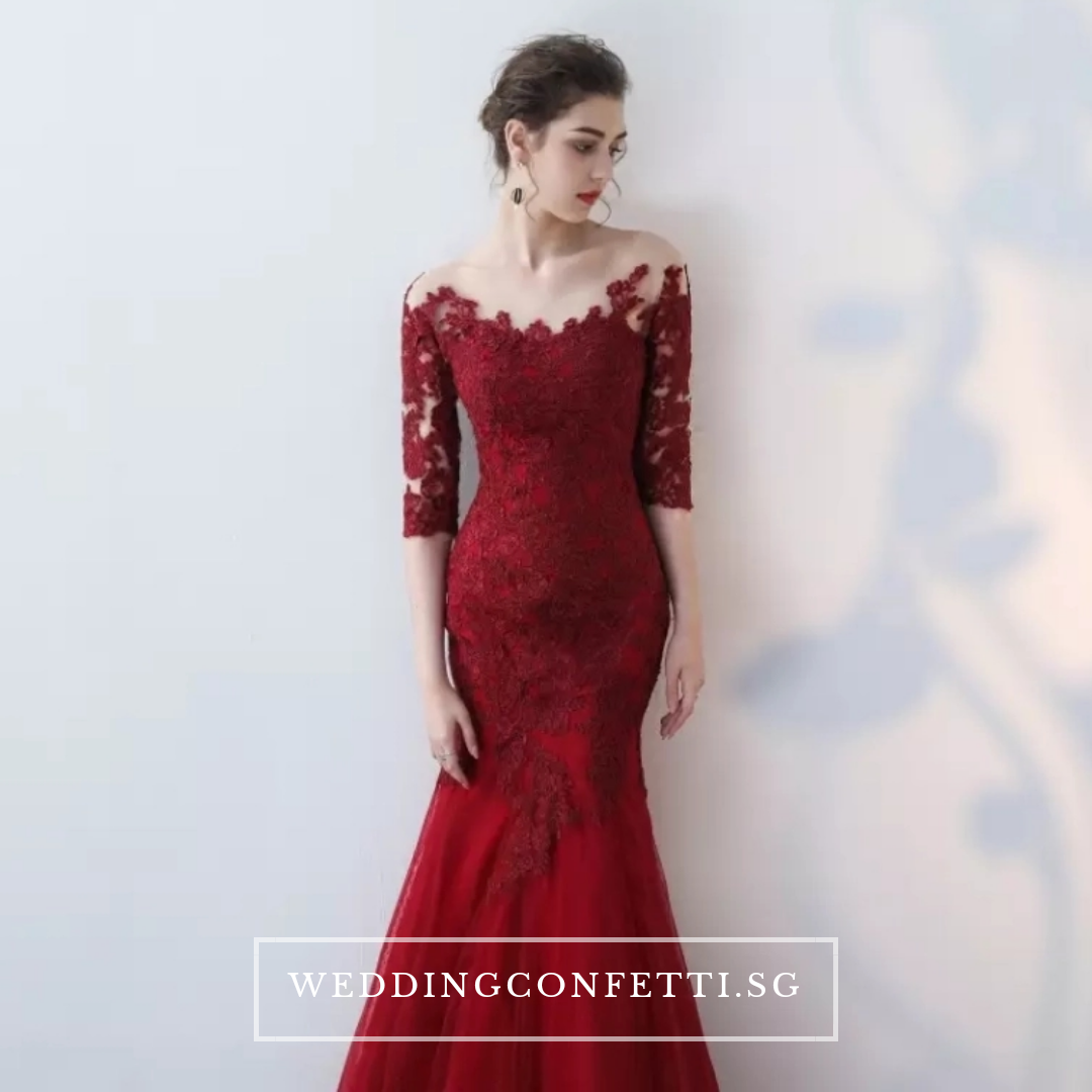 The Rorenza Red / Wine Red Long Illusion Sleeves Gown