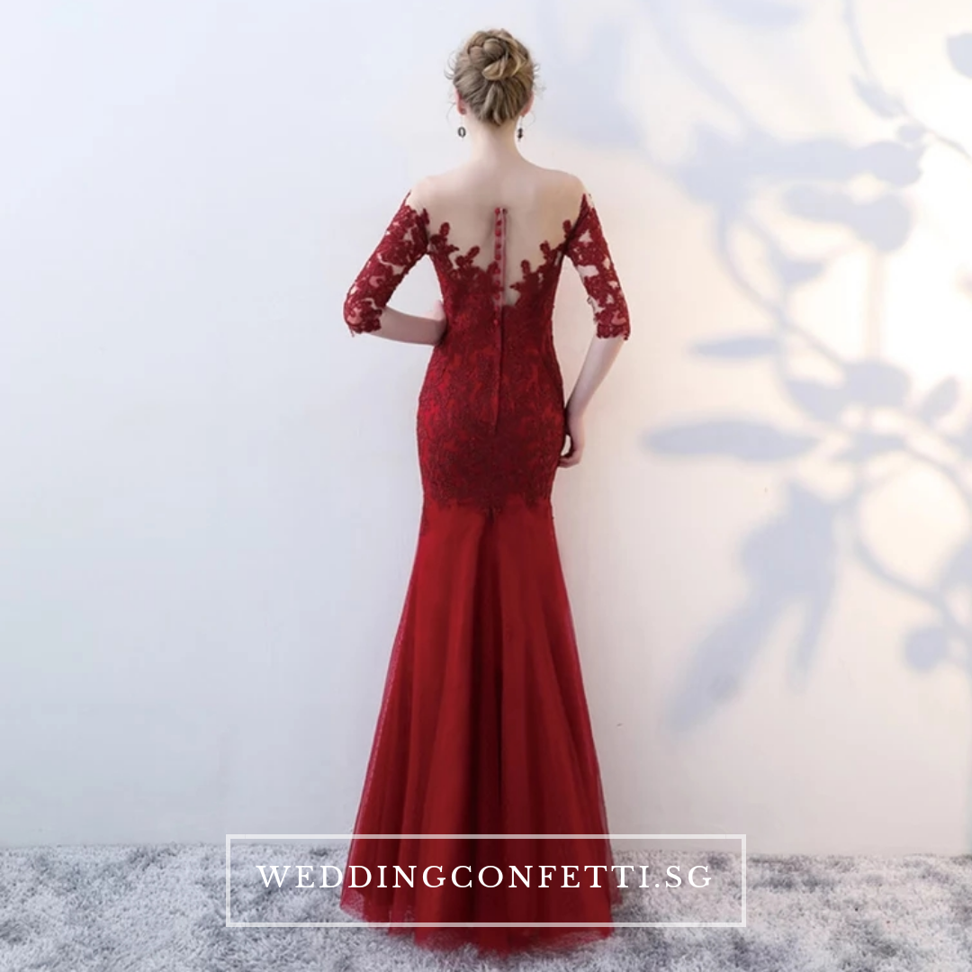 The Rorenza Red / Wine Red Long Illusion Sleeves Gown
