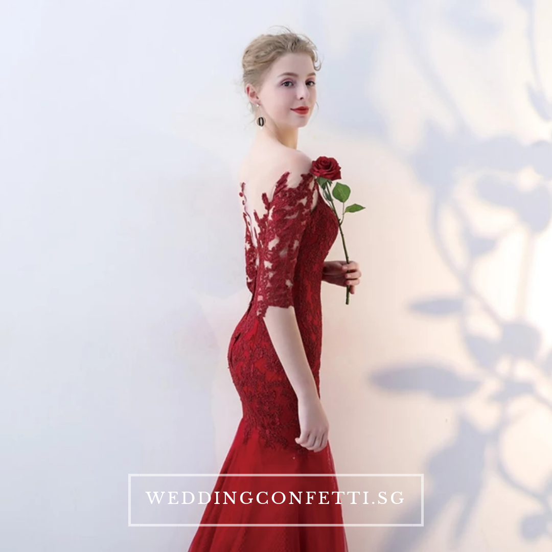 The Rorenza Red / Wine Red Long Illusion Sleeves Gown