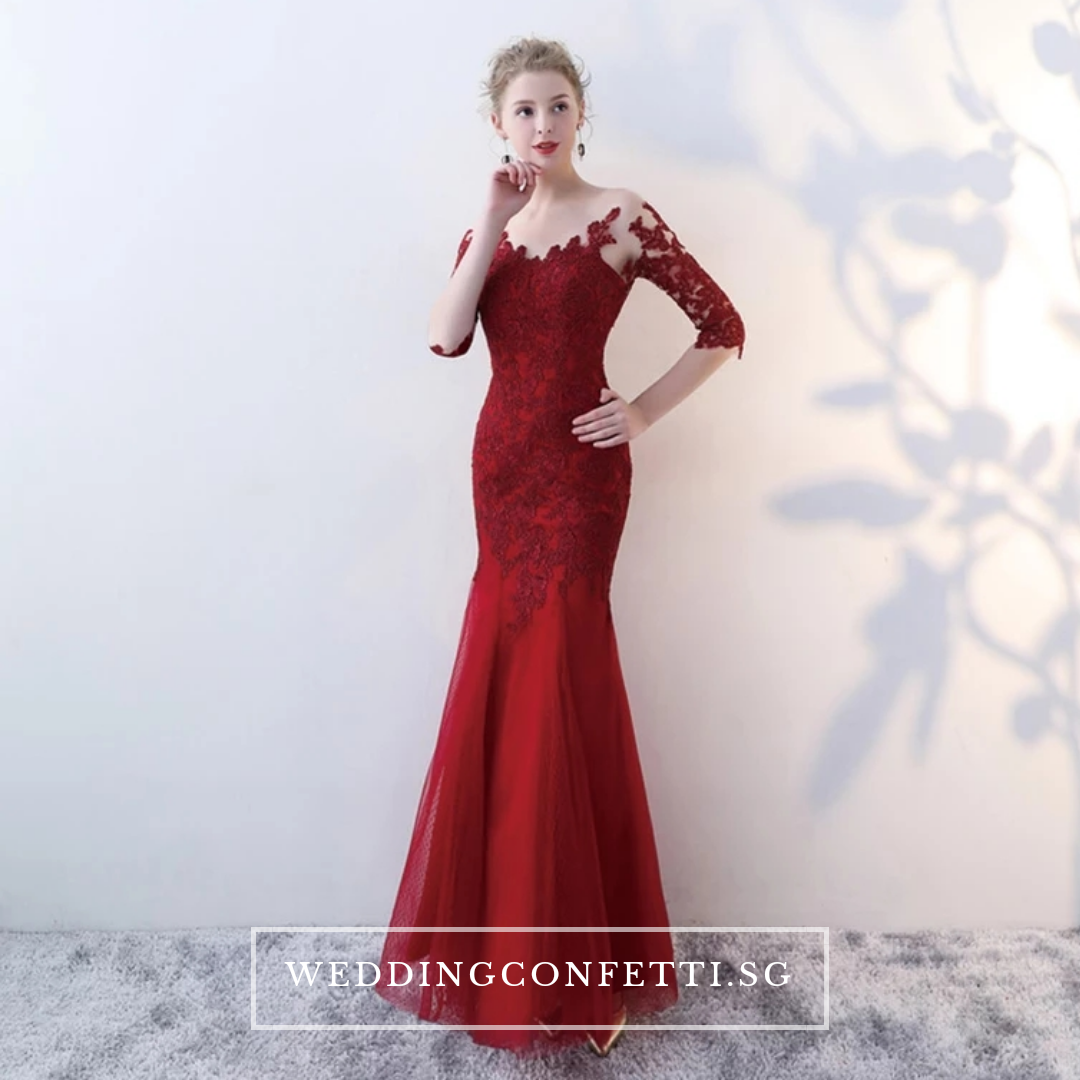 The Rorenza Red / Wine Red Long Illusion Sleeves Gown
