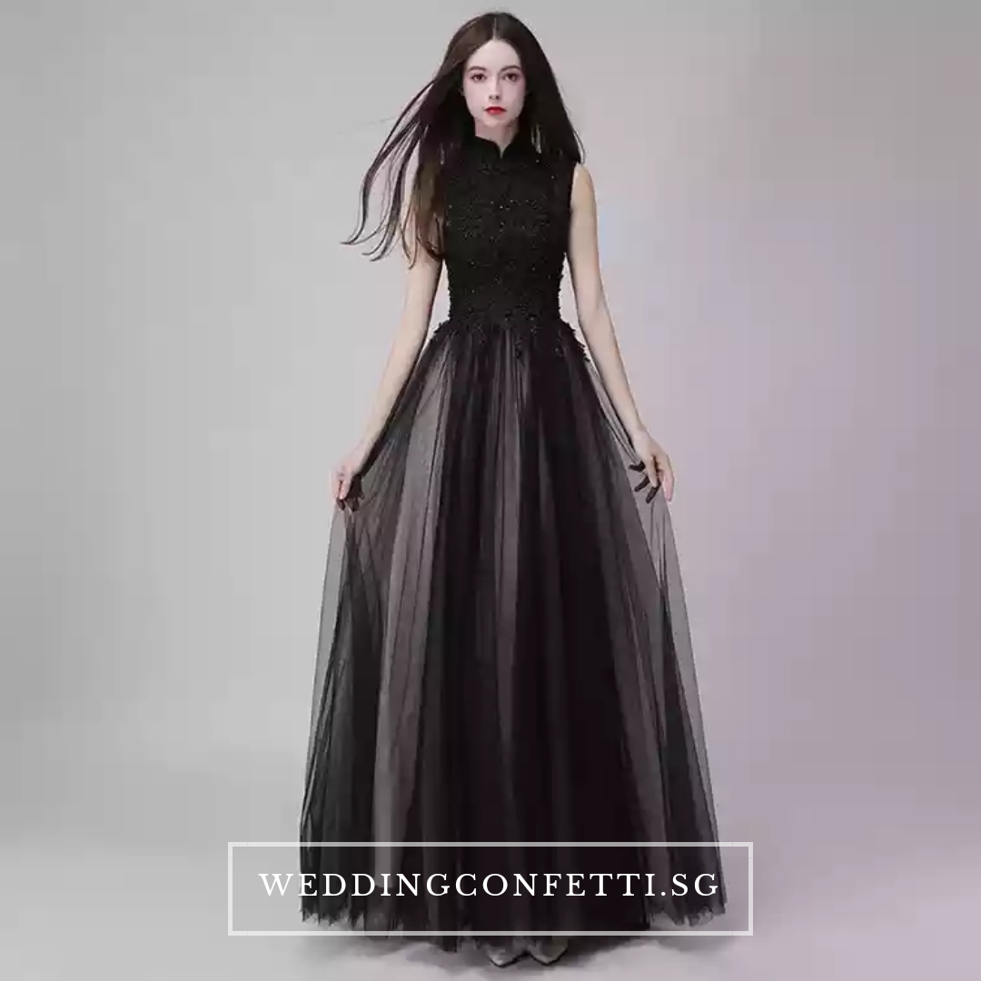 The Rosemary Mandarin Collar Cheongsam Ombre Black Lace Gown