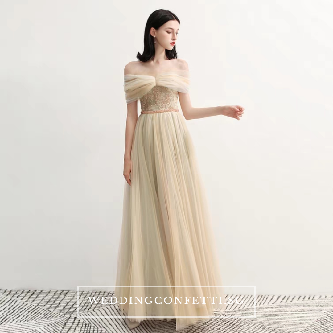 The Raylynn Champagne Tulle Off Shoulder Gown