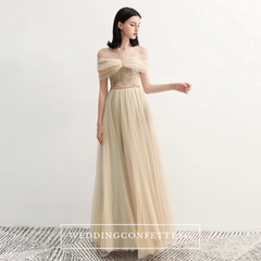 The Raylynn Champagne Tulle Off Shoulder Gown