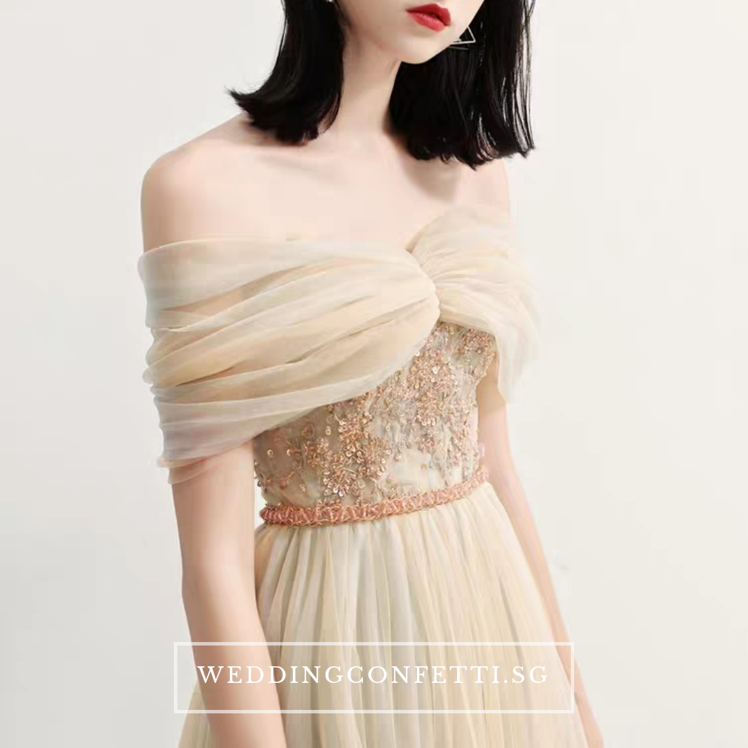 The Raylynn Champagne Tulle Off Shoulder Gown