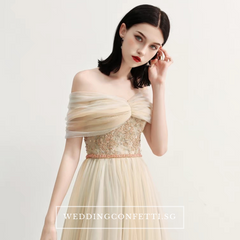 The Raylynn Champagne Tulle Off Shoulder Gown