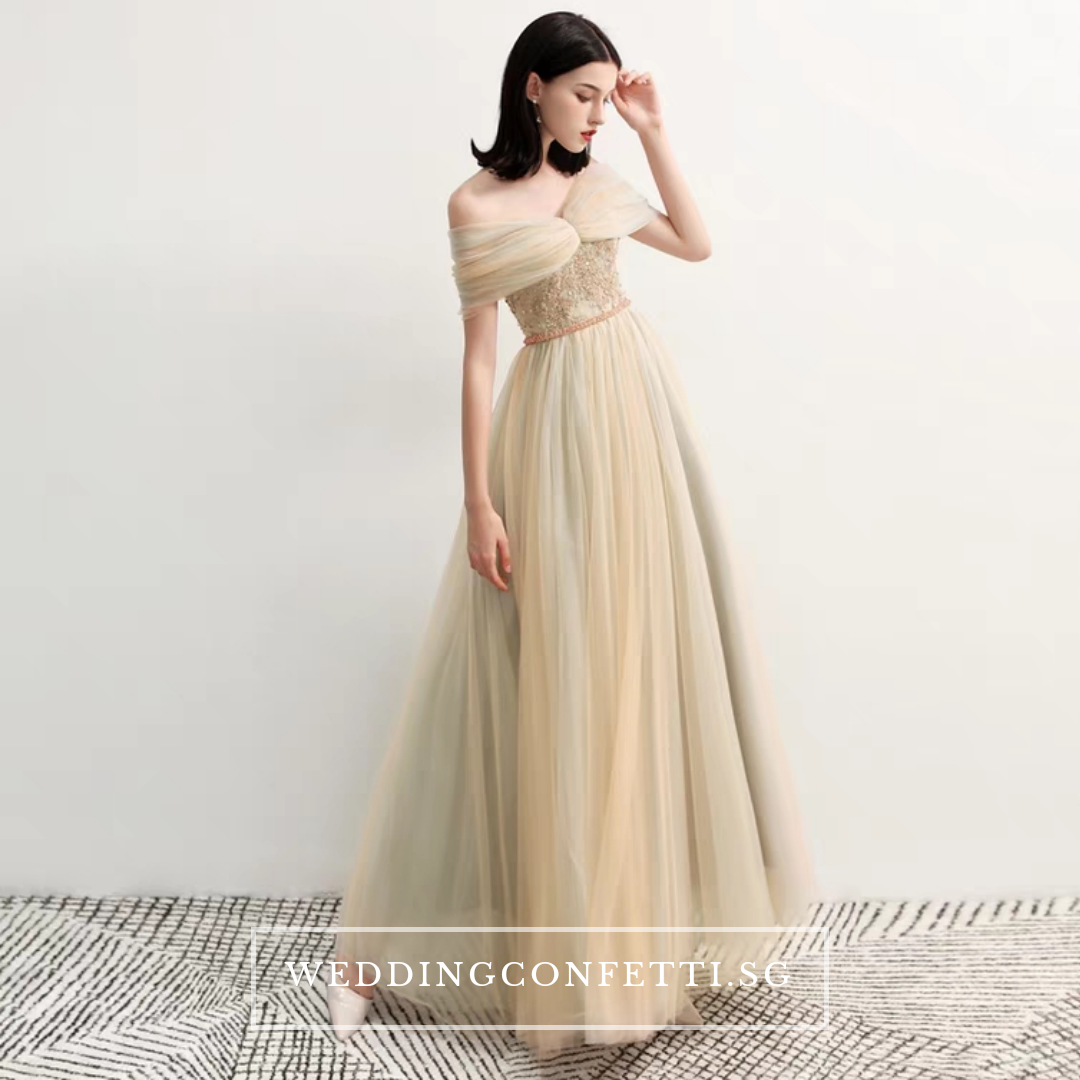 The Raylynn Champagne Tulle Off Shoulder Gown