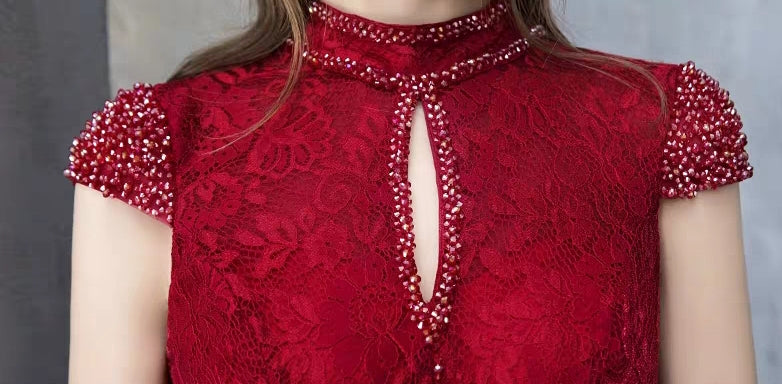 The Taylor Red High Collar Short Sleeve Gown