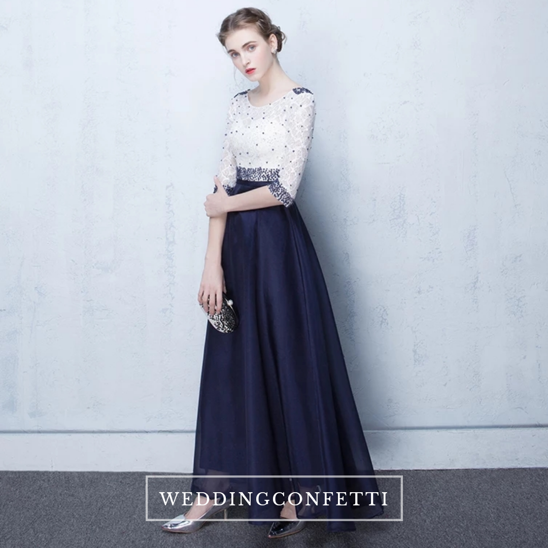 The Tabitha White Navy Blue Long Sleeves Gown