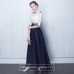 The Tabitha White Navy Blue Long Sleeves Gown