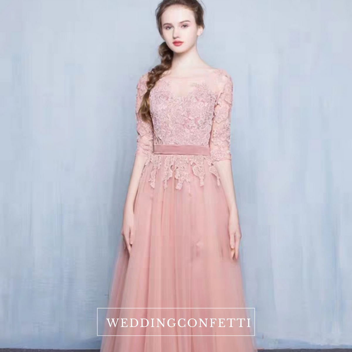 The Rosaelyn Pink lace Sleeves Long Evening Gown