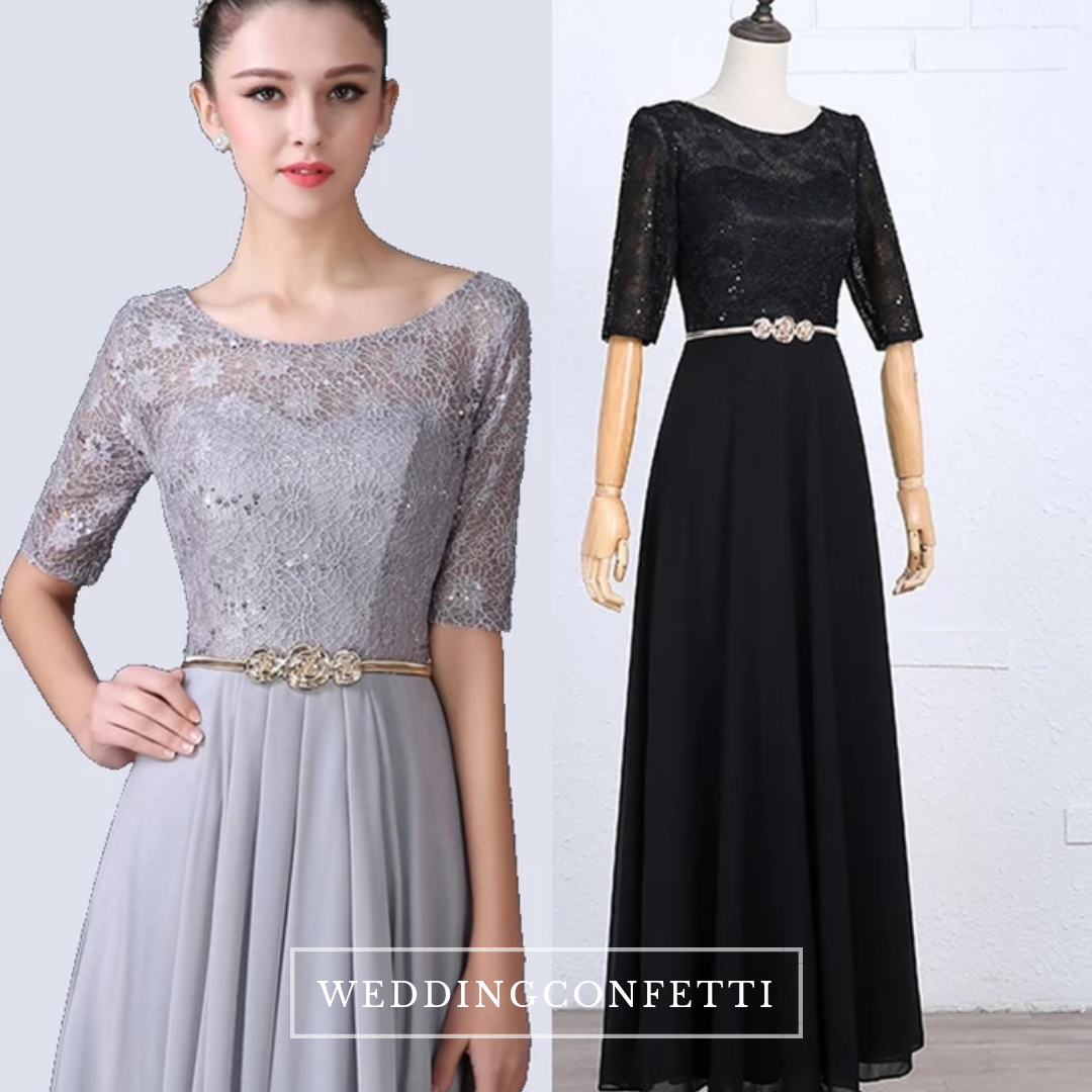 The Rosetta Black / Grey / Red / Coral / Green Lace Sleeves Evening Gown