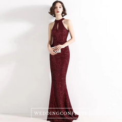 The Lilian Wine Red Sequined Halter Gown (Available in 2 colours)