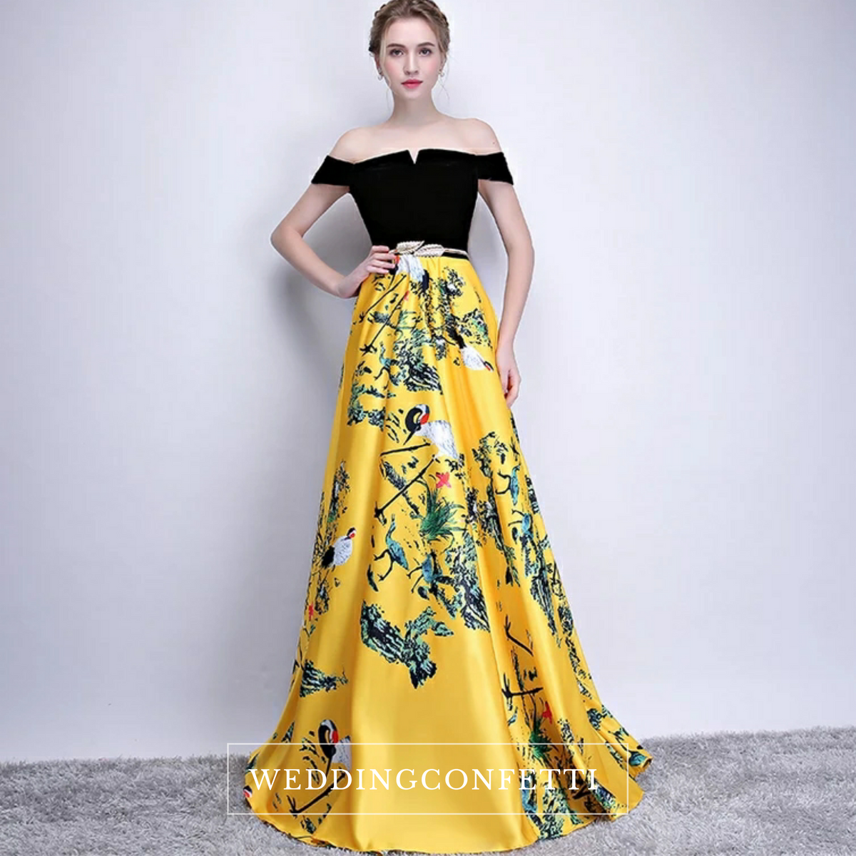 The Reianie Black & Yellow /  Red Off Shoulder Gown