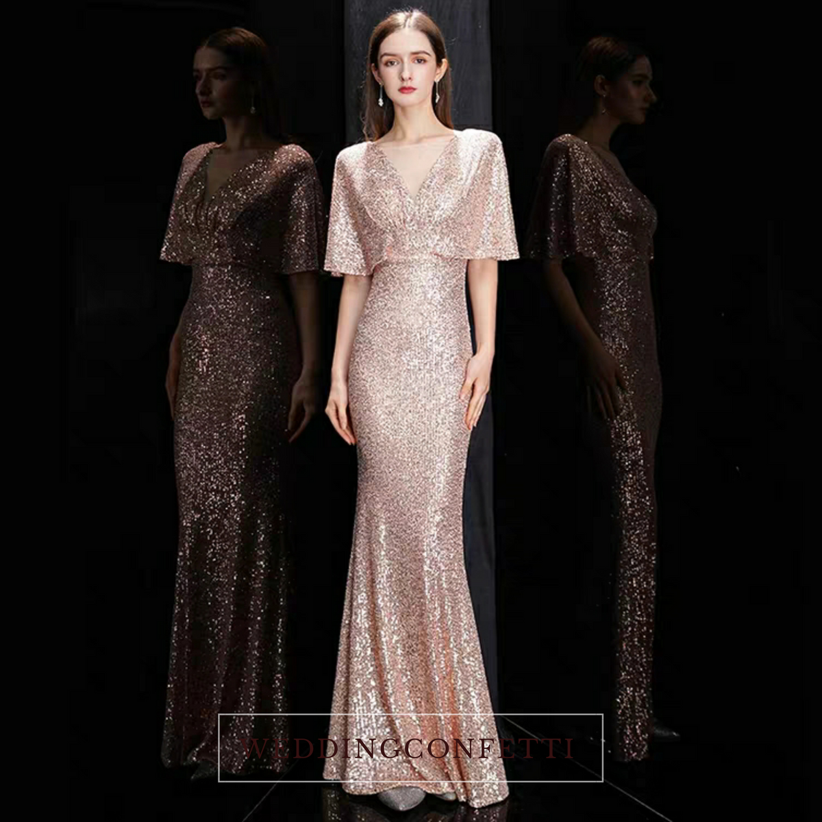 The Rayna Gold Sequined Draped Sleeves Gown (Available in 2 colours)